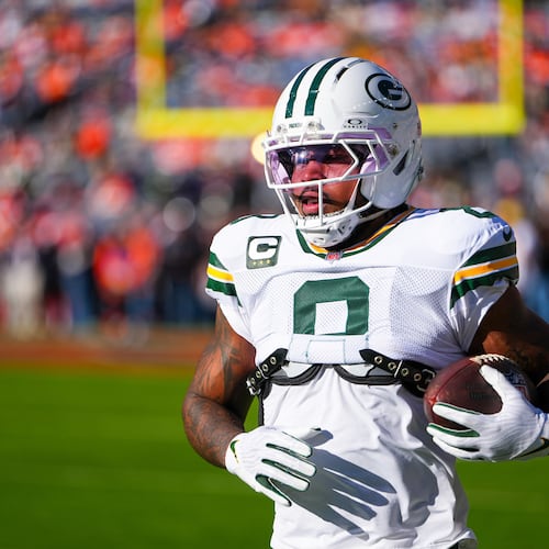 FILE - Green Bay Packers running back Josh Jacobs warms up before an NFL football game against the Denver Broncos, Dec. 14, 2025, in Denver. (AP Photo/Jack Dempsey, File)