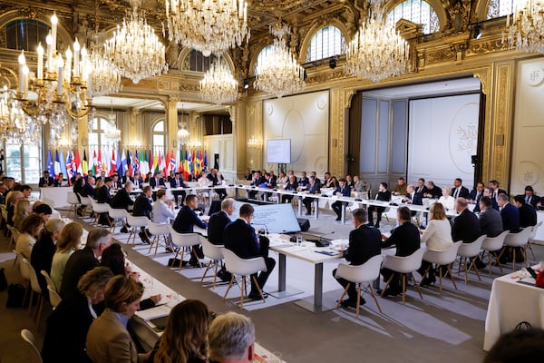 Officials participate to a so-called Coalition of the Willing summit at the Elysee Palace, Thursday, March 27, 2025. (Ludovic Marin, Pool via AP)