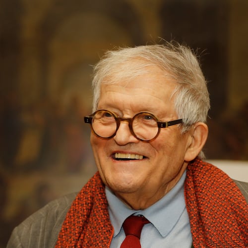 FILE - Artist David Hockney after unveiling the bottle design for the 2014 vintage wine of Château Mouton Rothschild in London, Friday, Feb. 3, 2017. (AP Photo/Frank Augstein, File)