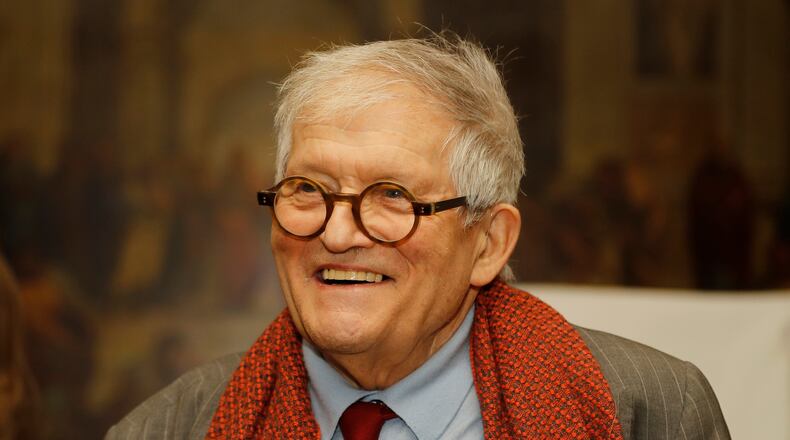 FILE - Artist David Hockney after unveiling the bottle design for the 2014 vintage wine of Château Mouton Rothschild in London, Friday, Feb. 3, 2017. (AP Photo/Frank Augstein, File)