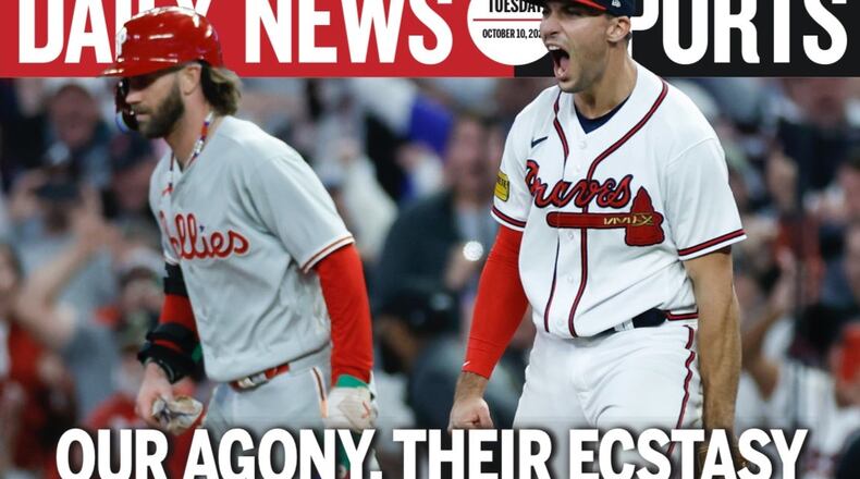 The back page of the Philadelphia Daily News following the Braves' 5-4 win over the Phillies in Game 2 of the NLDS Monday.