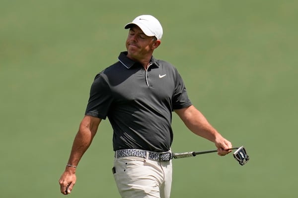 Rory McIlroy, of Northern Ireland, celebrates after a birdie on the 15th hole during the second round at the Masters golf tournament, Friday, April 11, 2025, in Augusta, Ga. (AP Photo/David J. Phillip)