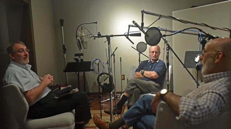 AJC senior legal affairs writer Bill Rankin (left) interviews former FBI agents Danny Sindall and John Insogna (right) for The Atlanta Journal-Constitution's podcast series "Breakdown" at Co3 Sound in Buckhead HYOSUB SHIN / HSHIN@AJC.COM