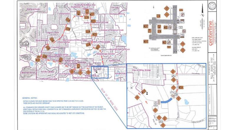 Map depicts the site of construction and recommended detour when Wiley Bridge Road is closed to through traffic at Ga. 92 in southeast Cherokee County. CHEROKEE COUNTY