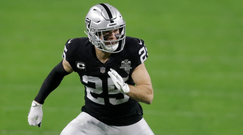 Las Vegas Raiders free safety Erik Harris (25) plays against the Los Angeles Chargers during the first half of an NFL football game, Thursday, Dec. 17, 2020, in Las Vegas. (AP Photo/Isaac Brekken)