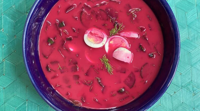 Summer vegetables get a boost of color and flavor in this cool summer soup, which also includes slices of hard-boiled eggs. CONTRIBUTED BY KELLIE HYNES