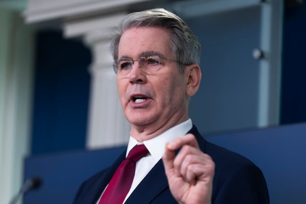 FILE - Treasury Secretary Scott Bessent speaks to reporters in the James Brady Press Briefing Room at the White House, April 29, 2025, in Washington. (AP Photo/Manuel Balce Ceneta, File)