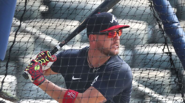 Braves catcher Tyler Flowers takes batting practice during the first workout of summer Friday, July 3, 2020, at Truist Park in Atlanta.