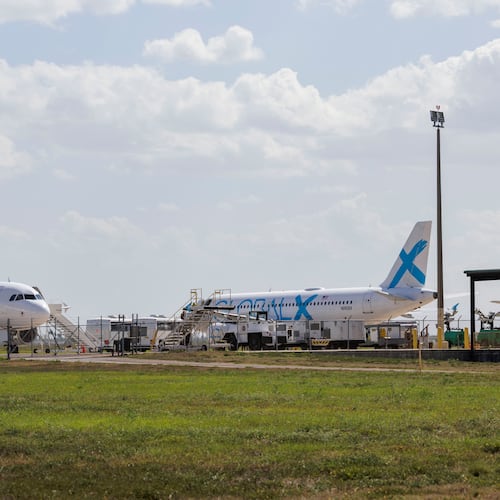 FILE - Planes used for deportation flights sit at the Valley International Airport, Aug. 31, 2025, in Harlingen, Texas. (AP Photo/Michael Gonzalez, File)