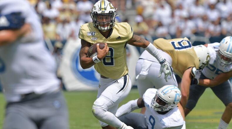 Georgia Tech quarterback Tobias Oliver (8) runs with a ball in the first half at Bobby Dodd Stadium on Saturday, September 14, 2019. (Hyosub Shin / Hyosub.Shin@ajc.com)