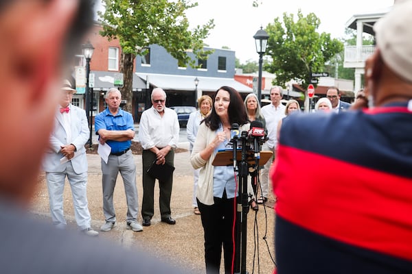 Former city council member Nancy Diamond speaks at a press conference in downtown Roswell, Wednesday, Aug. 6, 2025. A large group of former elected leaders in Roswell are calling out the current mayor and city council, demanding accountability and transparency on several issues. (Abbey Cutrer/AJC)