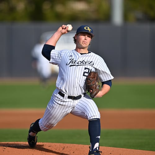 Georgia Tech pitcher Jackson Blakely throws a pitch during the first inning against Georgia State at Georgia Tech’s Russ Chandler Stadium, in Atlanta on Tuesday, Feb. 24, 2026. (Hyosub Shin/AJC)