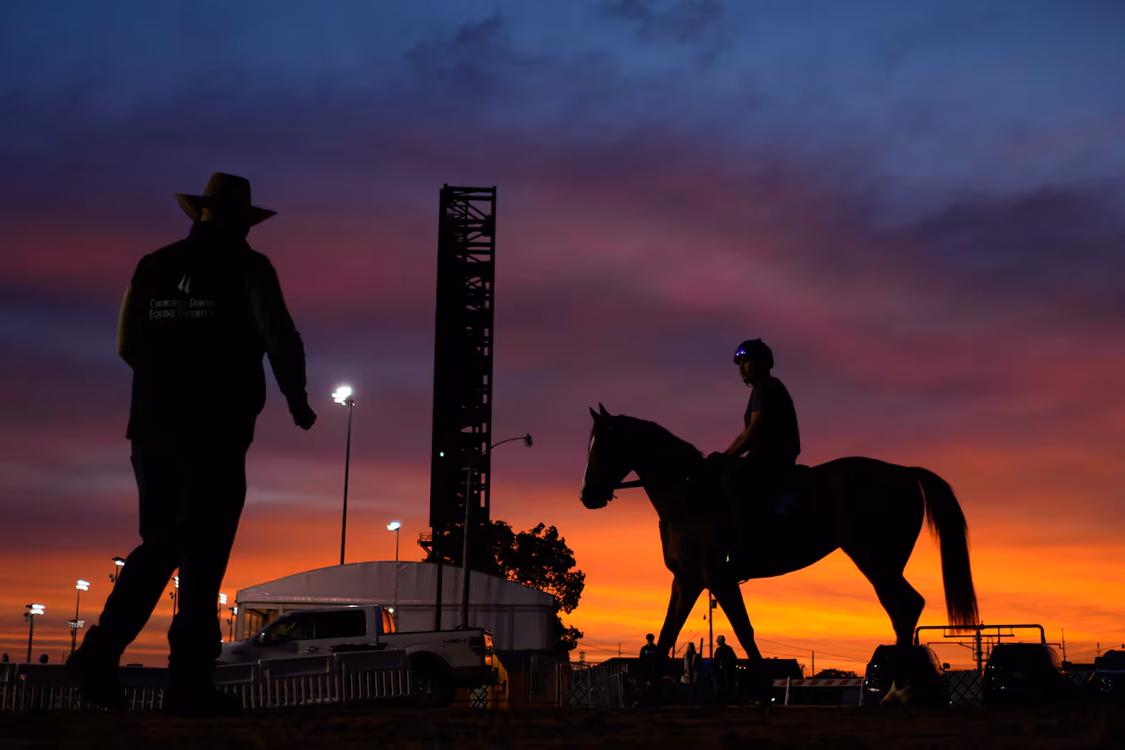 A horse is ridden to the track for a workout at Churchill Downs on Monday, April 27, 2026, in Louisville, Kentucky. Churchill Downs is getting ready to host the Kentucky Derby on Saturday, May 2, 2026. (Charlie Riedel/AP)