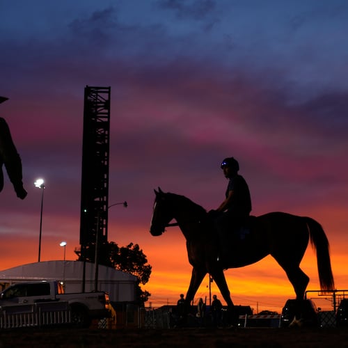 A horse is ridden to the track for a workout at Churchill Downs on Monday, April 27, 2026, in Louisville, Kentucky. Churchill Downs is getting ready to host the Kentucky Derby on Saturday, May 2, 2026. (Charlie Riedel/AP)