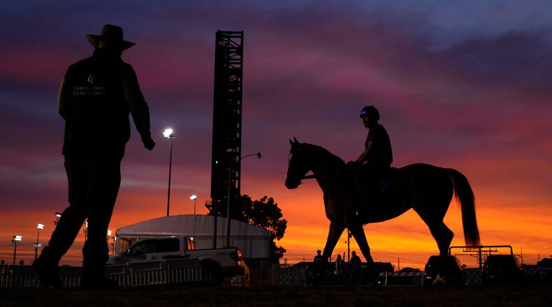 A horse is ridden to the track for a workout at Churchill Downs on Monday, April 27, 2026, in Louisville, Kentucky. Churchill Downs is getting ready to host the Kentucky Derby on Saturday, May 2, 2026. (Charlie Riedel/AP)