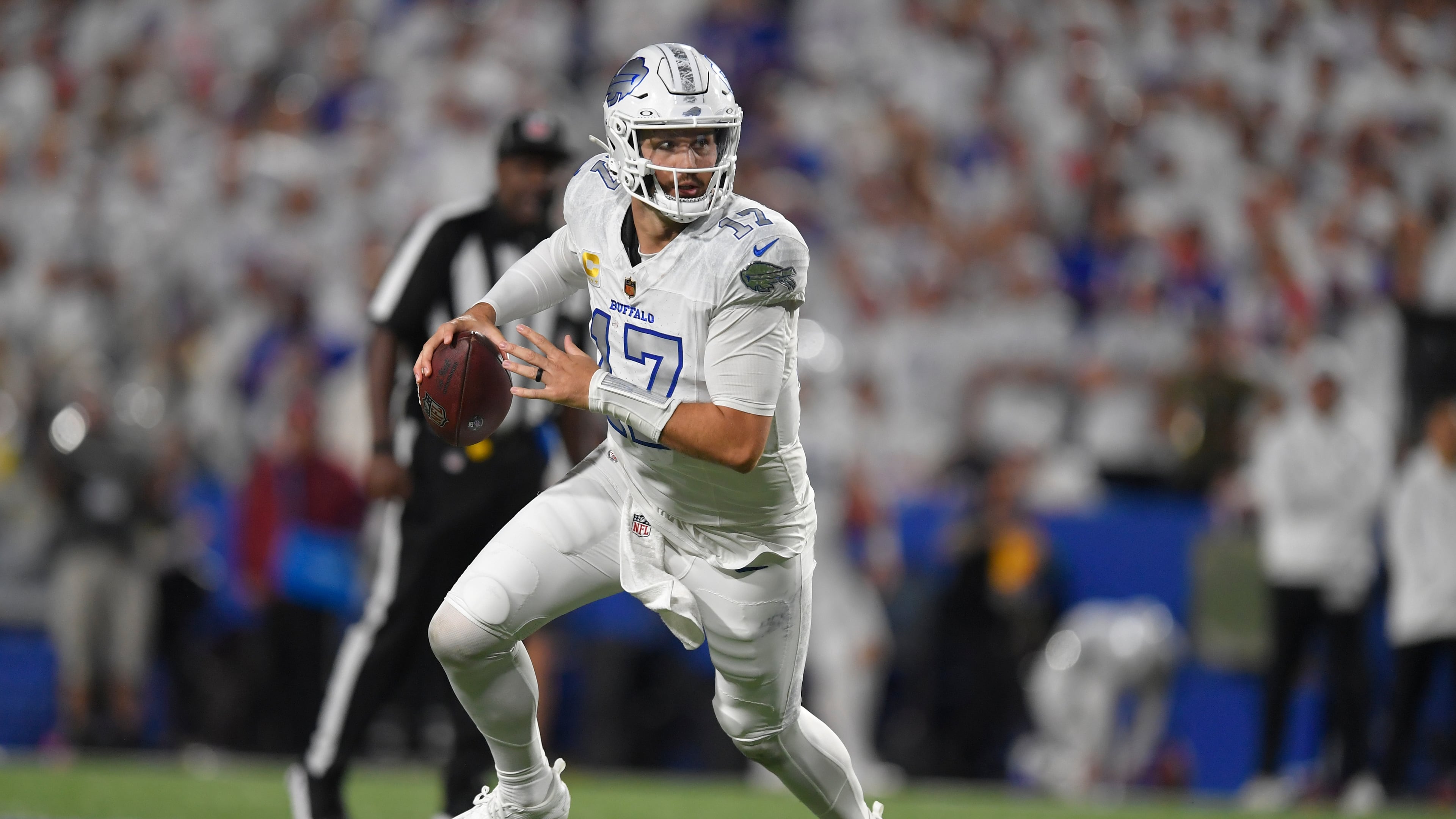 Buffalo Bills quarterback Josh Allen looks to throw against the New England Patriots during the second half of an NFL game, Sunday, Sept. 5, 2025, in Orchard Park, N.Y. (Adrian Kraus/AP)