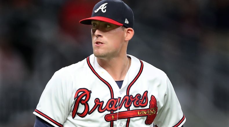Braves closer Dan Winkler pumps his fist on the third out against the New York Mets Tuesday, May 29, 2018, in Atlanta.