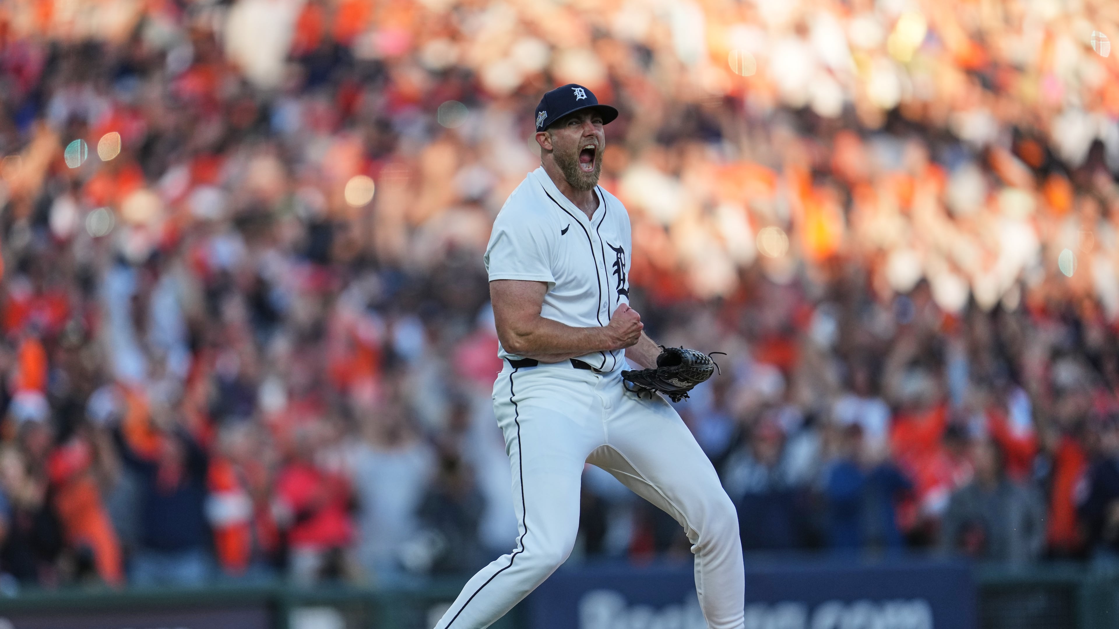 Detroit Tigers pitcher Will Vest celebrates after striking out Seattle Mariners' Randy Arozarena for the final out in Game 4 of baseball's American League Division Series Wednesday, Oct. 8, 2025, in Detroit. (AP Photo/Paul Sancya)