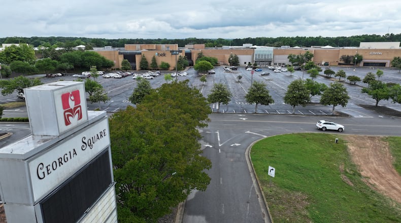 Aerial photo shows Georgia Square Mall, Wednesday, May 7, 2025, in Athens. (Hyosub Shin / AJC)