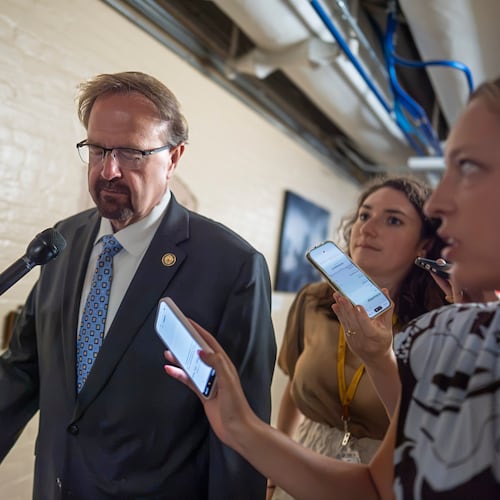 Rep. Chuck Edwards, R-N.C., who is under threat of censure, is met by reporters as he walks to a closed-door meeting with Republican lawmakers at the Capitol in Washington, Tuesday, Sept. 1, 2026. (AP Photo/J. Scott Applewhite)