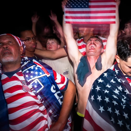 People attend a watch party for a World Cup soccer match between the United States and Bosnia Wednesday, July 1, 2026, in Washington, at the FIFA Fan Zone on the National Mall. (AP Photo/Allison Robbert)