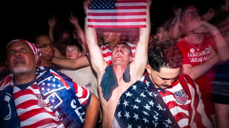 People attend a watch party for a World Cup soccer match between the United States and Bosnia Wednesday, July 1, 2026, in Washington, at the FIFA Fan Zone on the National Mall. (AP Photo/Allison Robbert)