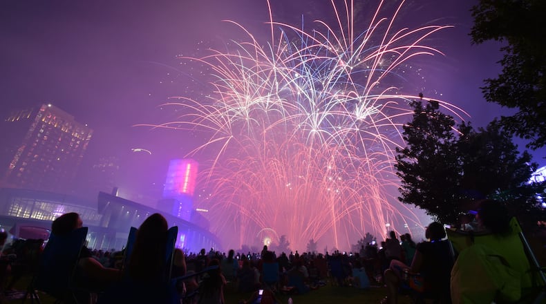 Fireworks light up downtown Atlanta’s skyline during the July Fourth celebration last year at Centennial Olympic Park. With the holiday comes discussion of what patriotism means to each of us. HYOSUB SHIN / HSHIN@AJC.COM