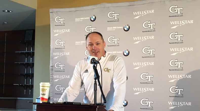 Georgia Tech coach Geoff Collins as he announces the hire of Alabama offensive line coach and Tech grad Brent Key Friday, January 10, 2019. (AJC photo by Ken Sugiura