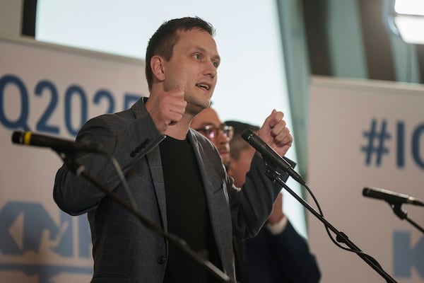 Jens-Frederik Nielsen, leader of the Demokraatit party participates a TV debates before the upcoming elections in Nuuk, Greenland, March 8, 2025. (AP Photo/Evgeniy Maloletka)