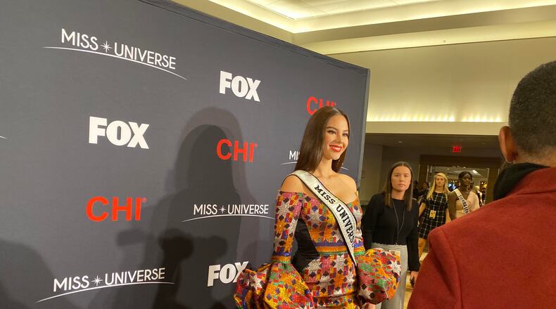 Miss Universe Catriona Grey speaks to the media at the Marriott Marquis in downtown Atlanta.