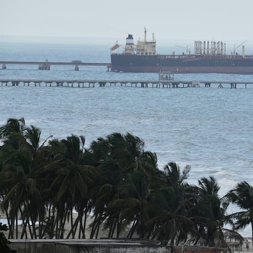 Evana, an oil tanker, is docked at El Palito port in Puerto Cabello, Venezuela, Sunday, Dec. 21, 2025. (AP Photo/Matias Delacroix)