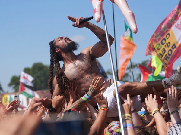 Bob Vylan performs on the West Holts Stage, during the Glastonbury Festival at Worthy Farm in Somerset. England, Saturday, June 28, 2025. (Yui Mok/PA via AP)