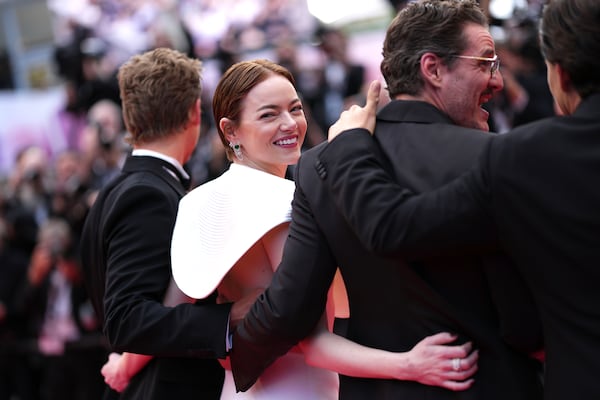 Austin Butler, from left, Emma Stone, Pedro Pascal and Clifton Collins Jr. poses for photographers upon arrival at the premiere of the film 'Eddington' at the 78th international film festival, Cannes, southern France, Friday, May 16, 2025. (Photo by Scott A Garfitt/Invision/AP)