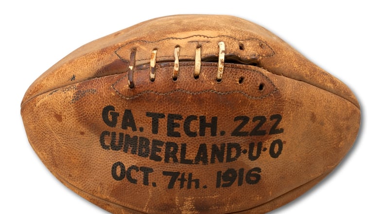 This is the football believed to have been used in Georgia Tech’s historic 222-0 rout of Cumberland in 1916. (Photo courtsey of SCP Auctions)