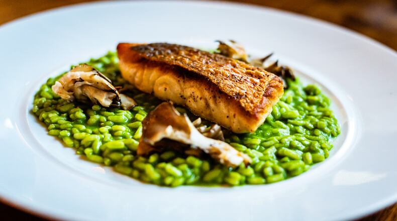 Gulf red snapper at Mission + Market is paired with a beautiful risotto made with green tea.