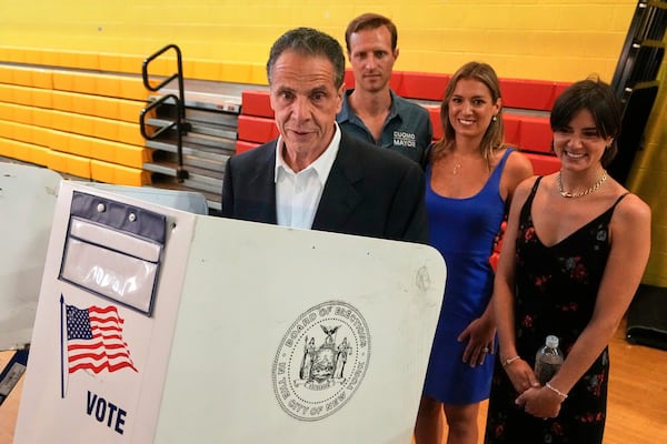 New York mayoral candidate, former N.Y. Gov. Andrew Cuomo, votes in the Democrat mayoral primary election in New York, Tuesday, June 24, 2025. (AP Photo/Richard Drew)
