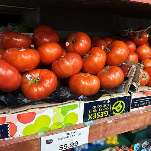 Tomatoes await customers on the shelves of a supermarket in New York on Tuesday, May 26, 2026. (AP Photo/Matt Sedensky)