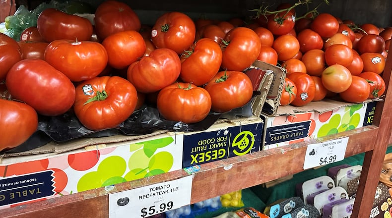 Tomatoes await customers on the shelves of a supermarket in New York on Tuesday, May 26, 2026. (AP Photo/Matt Sedensky)
