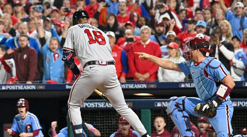 Atlanta Braves shortstop Vaughn Grissom (18) strikes out in the ninth inning to seal a 3-1 Philadelphia Phillies NLDS Game 4 win at Citizens Bank Park in Philadelphia on Thursday, Oct. 12, 2023. (Hyosub Shin / Hyosub.Shin@ajc.com)