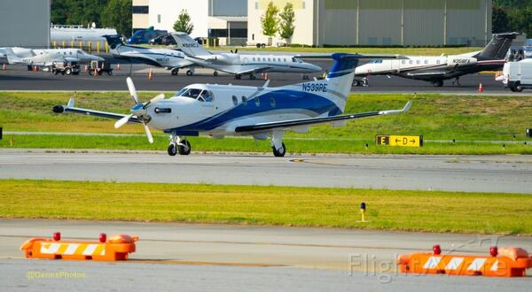 A Pilatus single engine turboprop takes off from DeKalb-Peachtree Airport.