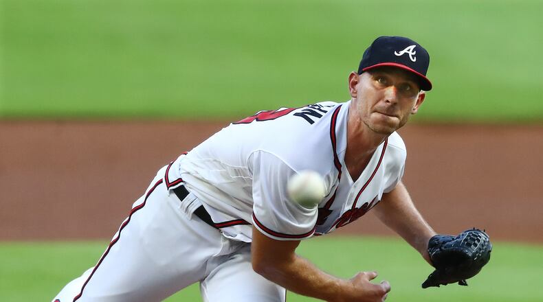 Making his first start of the season, Braves pitcher Josh Tomlin delivers against the Washington Nationals Tuesday, Aug. 18, 2020, at Truist Park in Atlanta. (Curtis Compton ccompton@ajc.com)