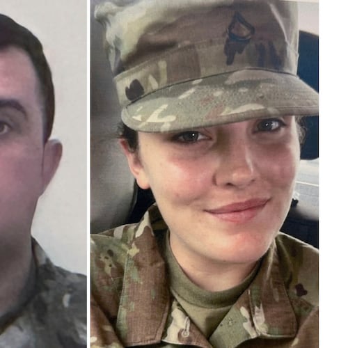 This combo from photos provided by the U.S. Attorney's Office on Thursday, Nov. 27, 2025, show National Guard members, from left, Staff Sgt. Andrew Wolfe and Specialist Sarah Beckstrom. (U.S. Attorney’s Office via AP)