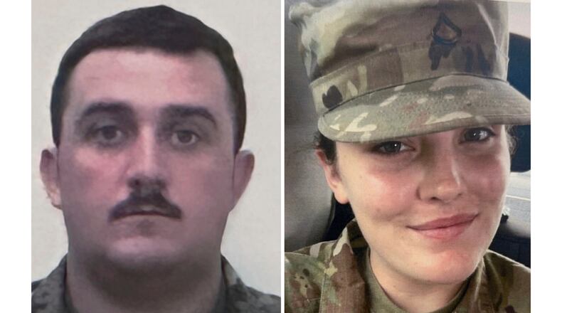 This combo from photos provided by the U.S. Attorney's Office on Thursday, Nov. 27, 2025, show National Guard members, from left, Staff Sgt. Andrew Wolfe and Specialist Sarah Beckstrom. (U.S. Attorney’s Office via AP)