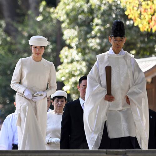 FILE - Japan's Princess Aiko, left, the daughter of Emperor Naruhito and Empress Masako, arrives to mark the 110th anniversary of the death of the wife of former emperor Meiji at Meiji Shrine in Tokyo, on April 10, 2024. (Kazuhiro Nogi/Pool Photo via AP, File)