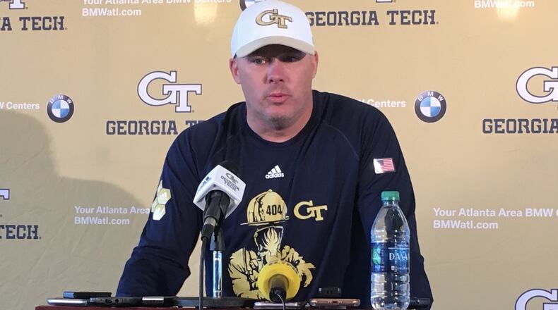 Georgia Tech coach Geoff Collins speaks at his weekly news conference at Bobby Dodd Stadium November 12, 2019. (AJC photo by Ken Sugiura)
