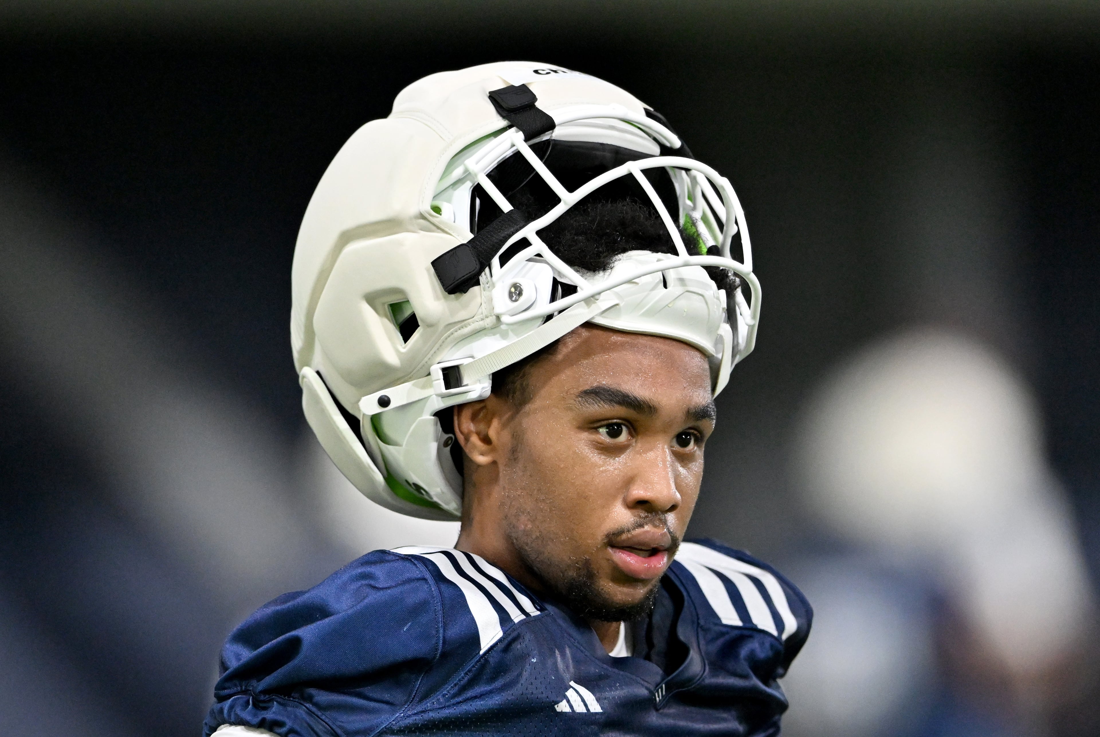 Georgia Tech defensive back A.J. Cheeks (38) reacts during the first day of football practice at Rose Bowl Field and the Mary and John Brock Football Practice Facility, Tuesday, July 29, 2025, in Atlanta. (Hyosub Shin / AJC)