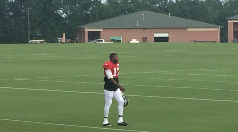 Devin Hester, who’s coming off a toe injury, taking the field on Tuesday, August 11, 2015. (By D. Orlando Ledbetter/Dledbetter@ajc.com)