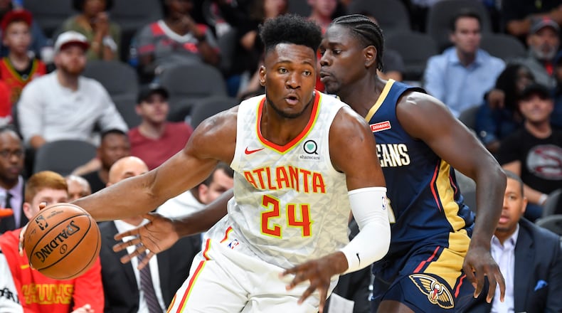 Atlanta Hawksâ Bruno Fernando drives against the New Orleans Pelicans during the second half of an exhibition basketball game, Monday, Oct. 7, 2019, in Atlanta. The Pelicans won 133-109. (Special/John Amis)