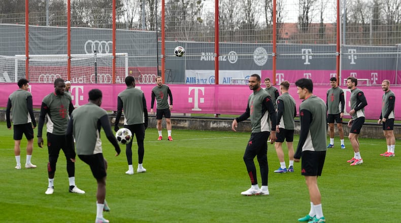 Bayern players arrive for a training session in Munich, Germany, Monday, March 9, 2026, ahead of the Champions League round of 16 soccer match between Atalanta Bergamo and FC Bayern. (AP Photo/Matthias Schrader)
