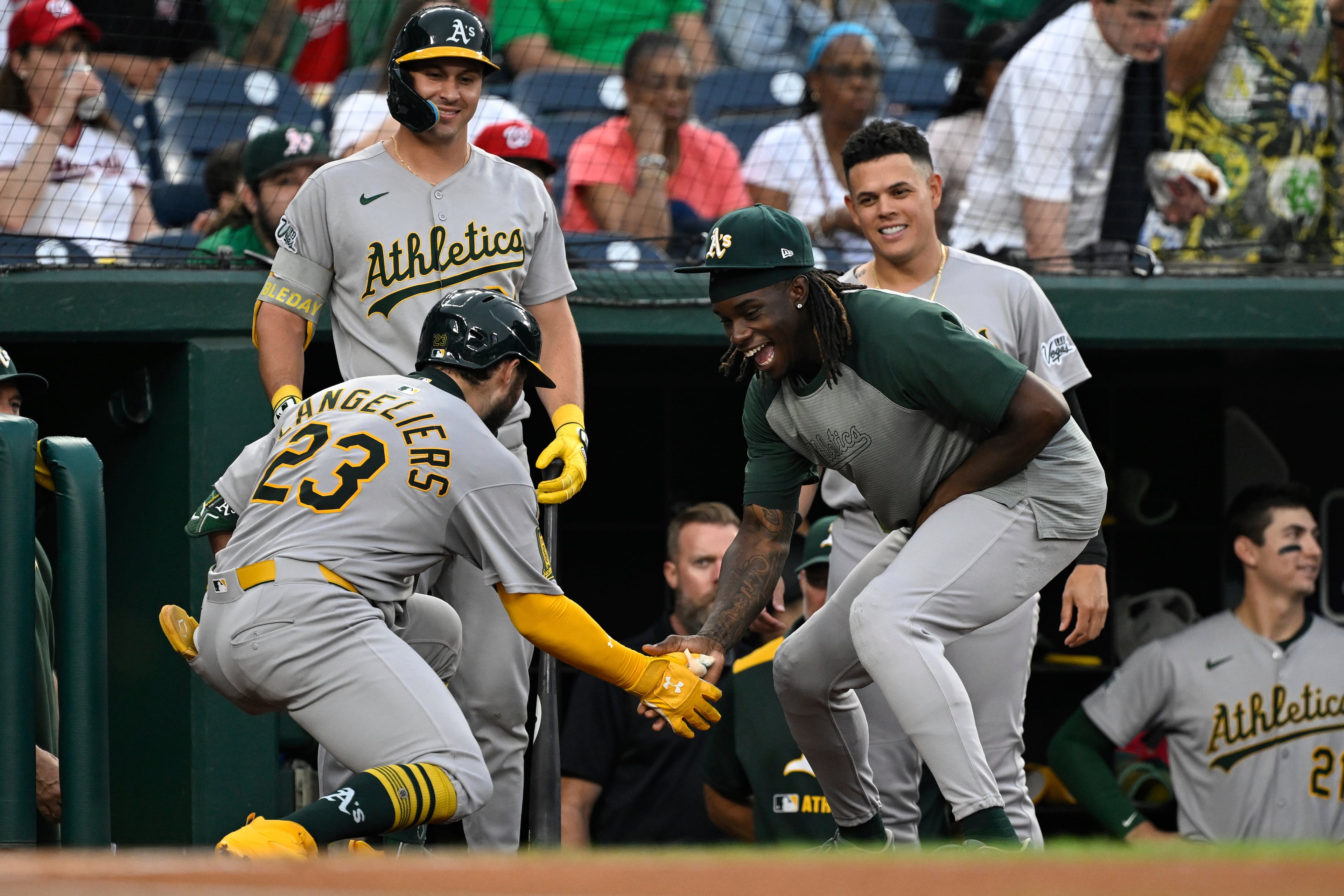Athletics catcher Shea Langeliers (left) had quite the Tuesday night.